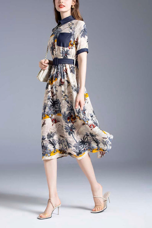 Vintage French Style Collared Beige & Navy Tropical Print Dress